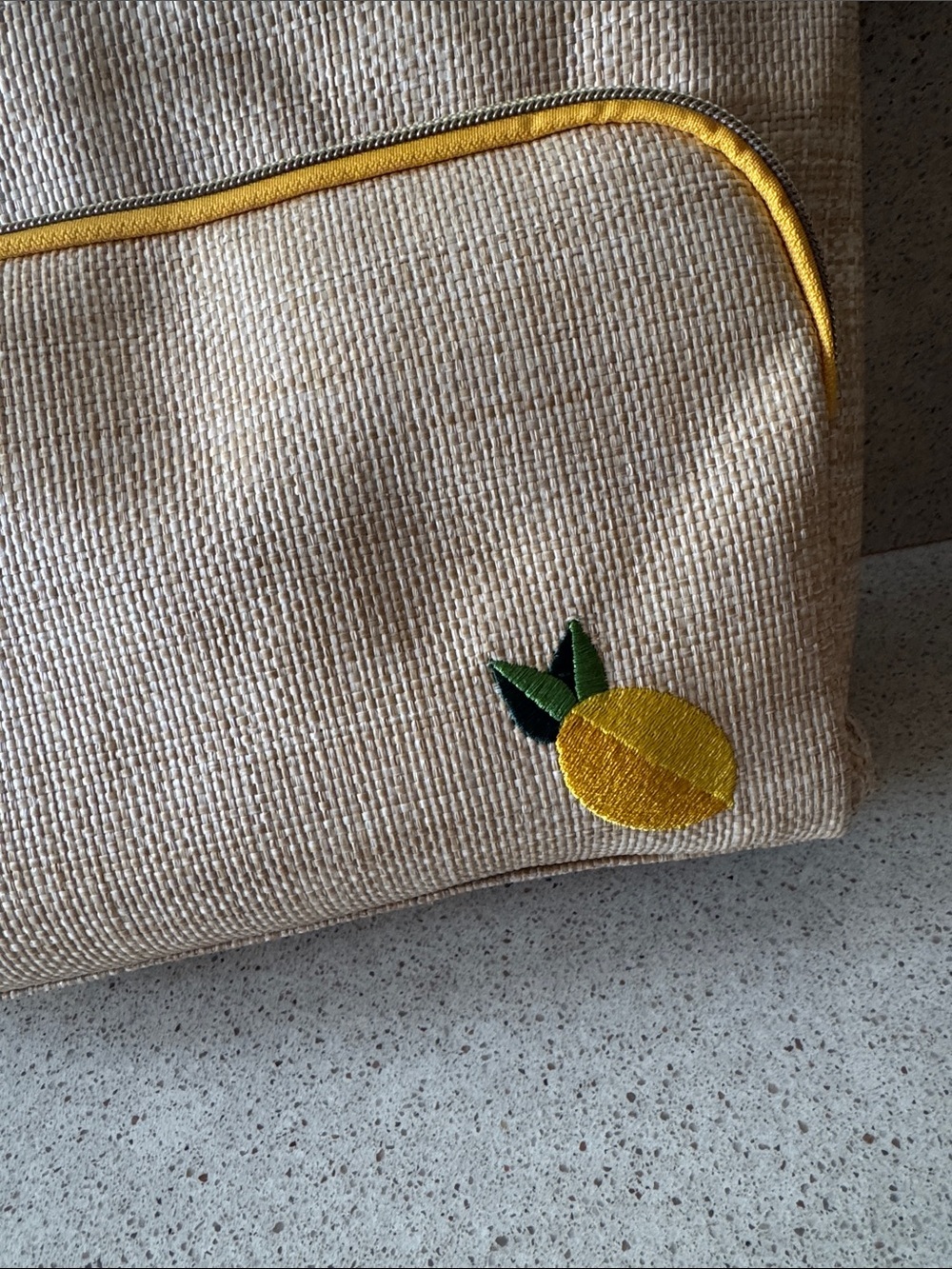 Dabney Lee Natural Looking Straw Pouch with Yellow Accents and Embroidered Lemon - Picture 3 of 10